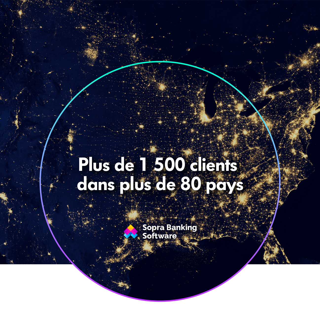 Carte du monde dans la nuit avec un rond dans lequel est écrit 